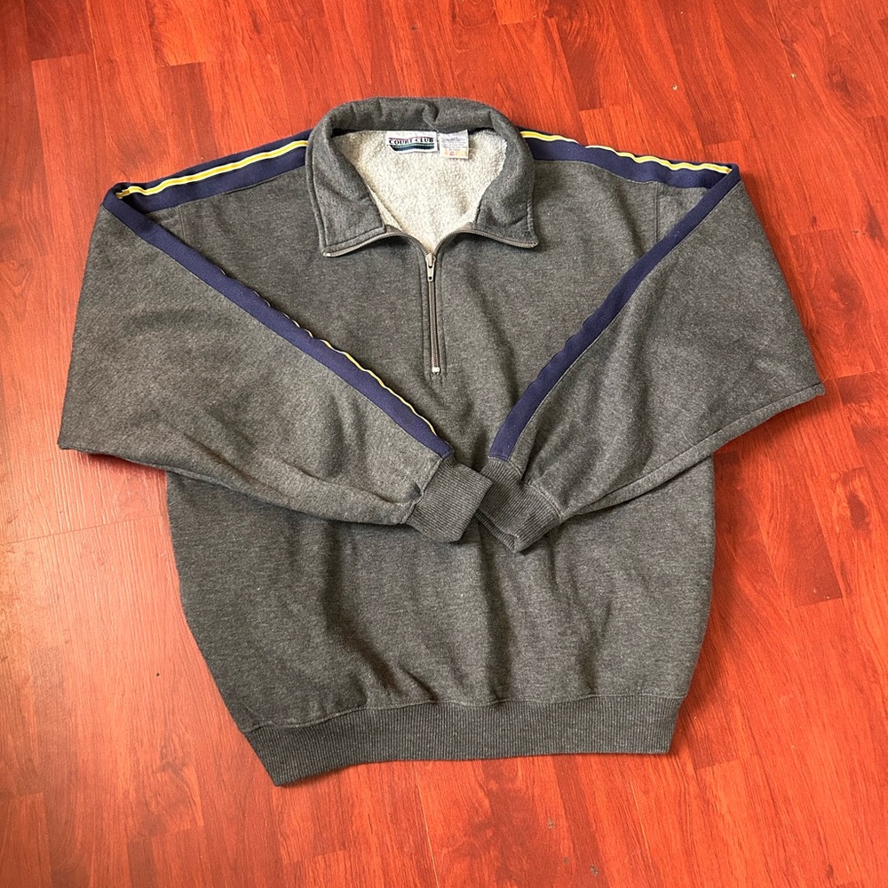 Vintage Gray Quarter-Zip Sweater with Navy Stripes
